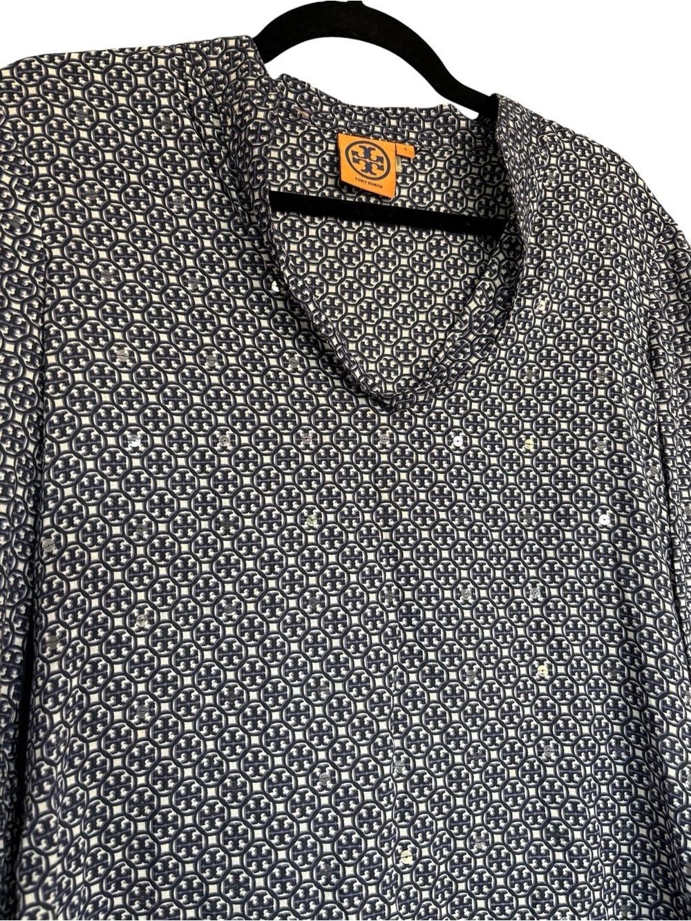 Tory Burch Printed Cotton Tunic Blouse Size 4 Blue White Logo Print Top - Picture 4 of 7